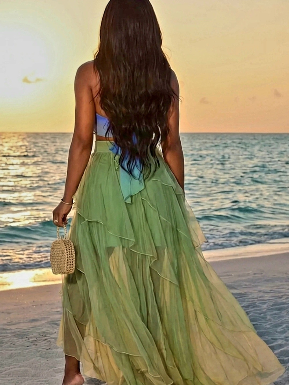 Blue-Green Ombre Halter Maxi Skirt Set - Picture 2 of 3